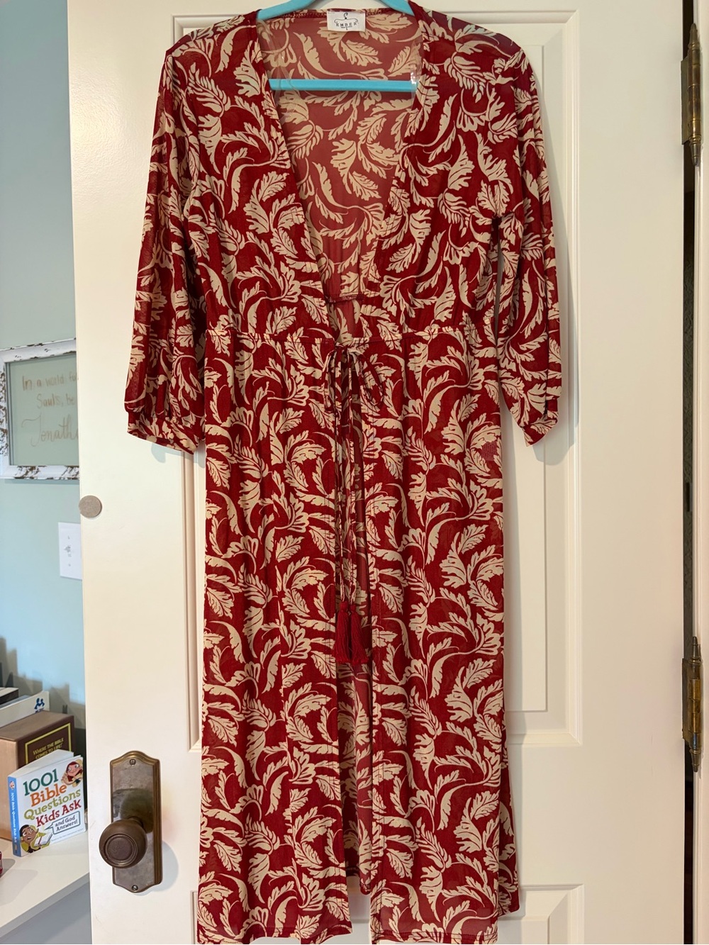 Ember Red and Cream Leaf Print Lightweight Summer Cardigan Size S
